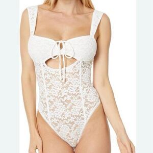 Free People White Sheer Lace Sweetheart Neck Cutout Bodysuit NWT Size Large